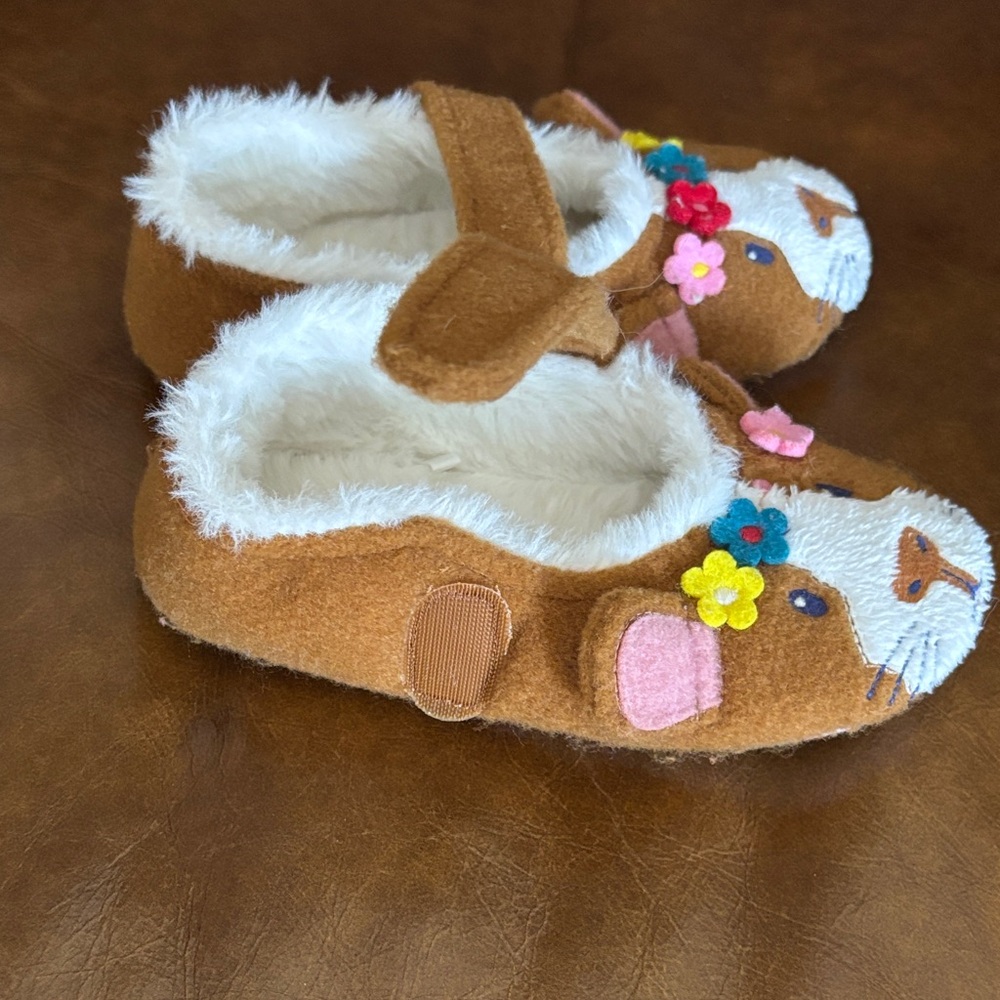 Mini Boden Brown Plush Animal Mary Janes with Colorful Flower Accents - Picture 3 of 7